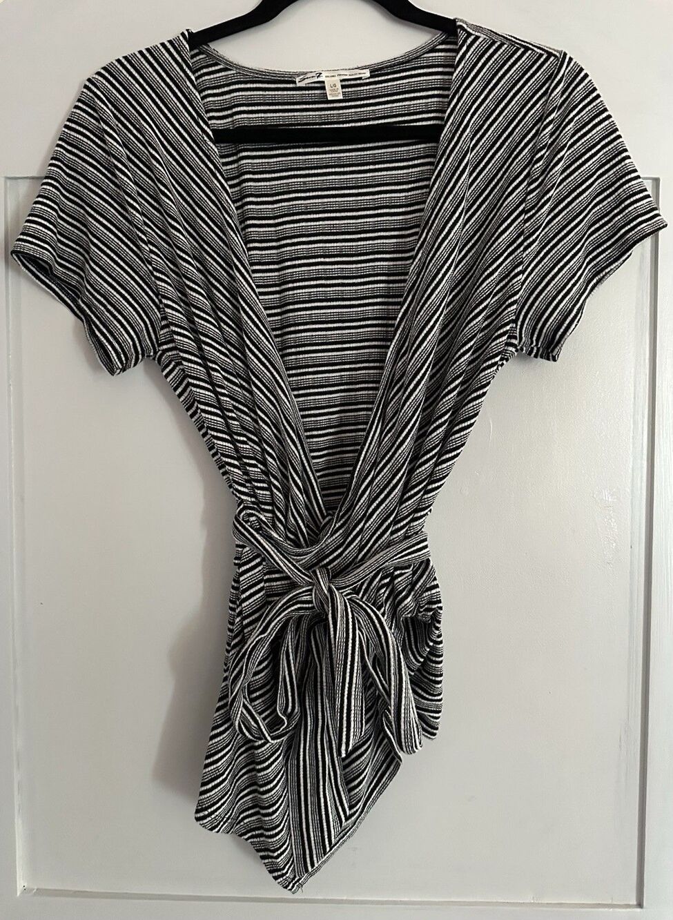 7 For All Seven Mankind Wrap Top Women L Black White Stripe Pima Cotton Tie
